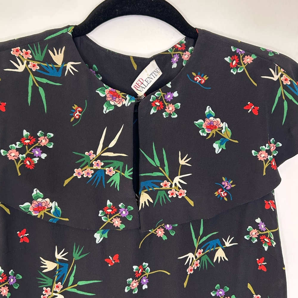 RED VALENTINO CAPE-SLEEVED Black Floral Bouquet Dress Silk Dress - Picture 5 of 10